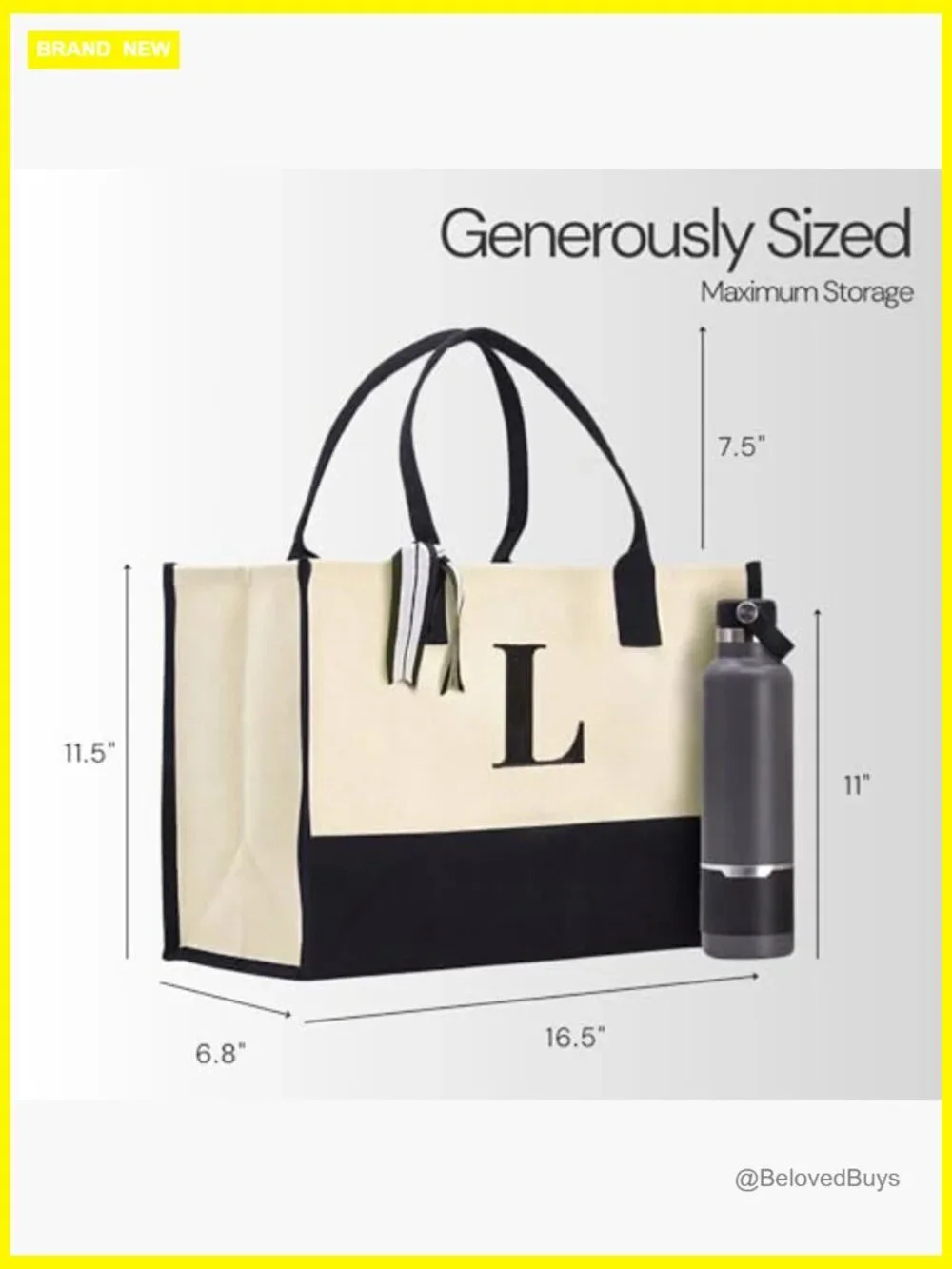 Personalized Initial Tote Bag, Large Canvas Utility Reusable Shopping Travel